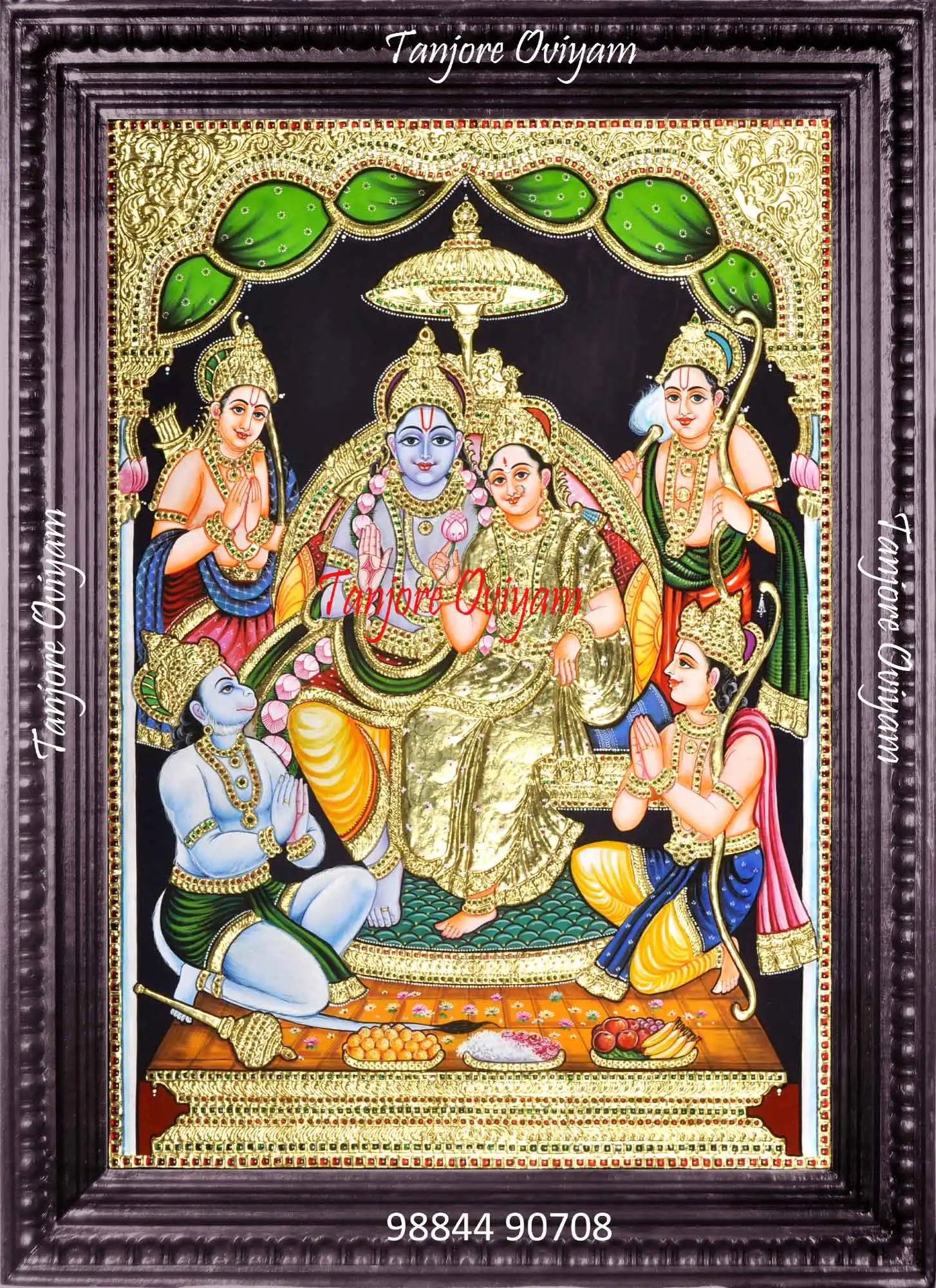 Ramar Pattabishegam Tanjore Painting showing Lord Rama and Sita with Hanuman and brothers in a serene coronation scene, handmade with gold foil